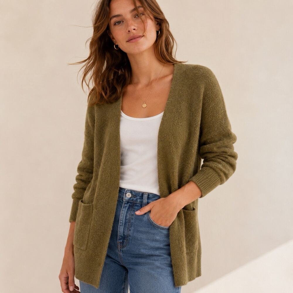 Madewell Olive Boucle Cardigan Sweater XXS Alpaca Wool Blend Cozy Minimalist